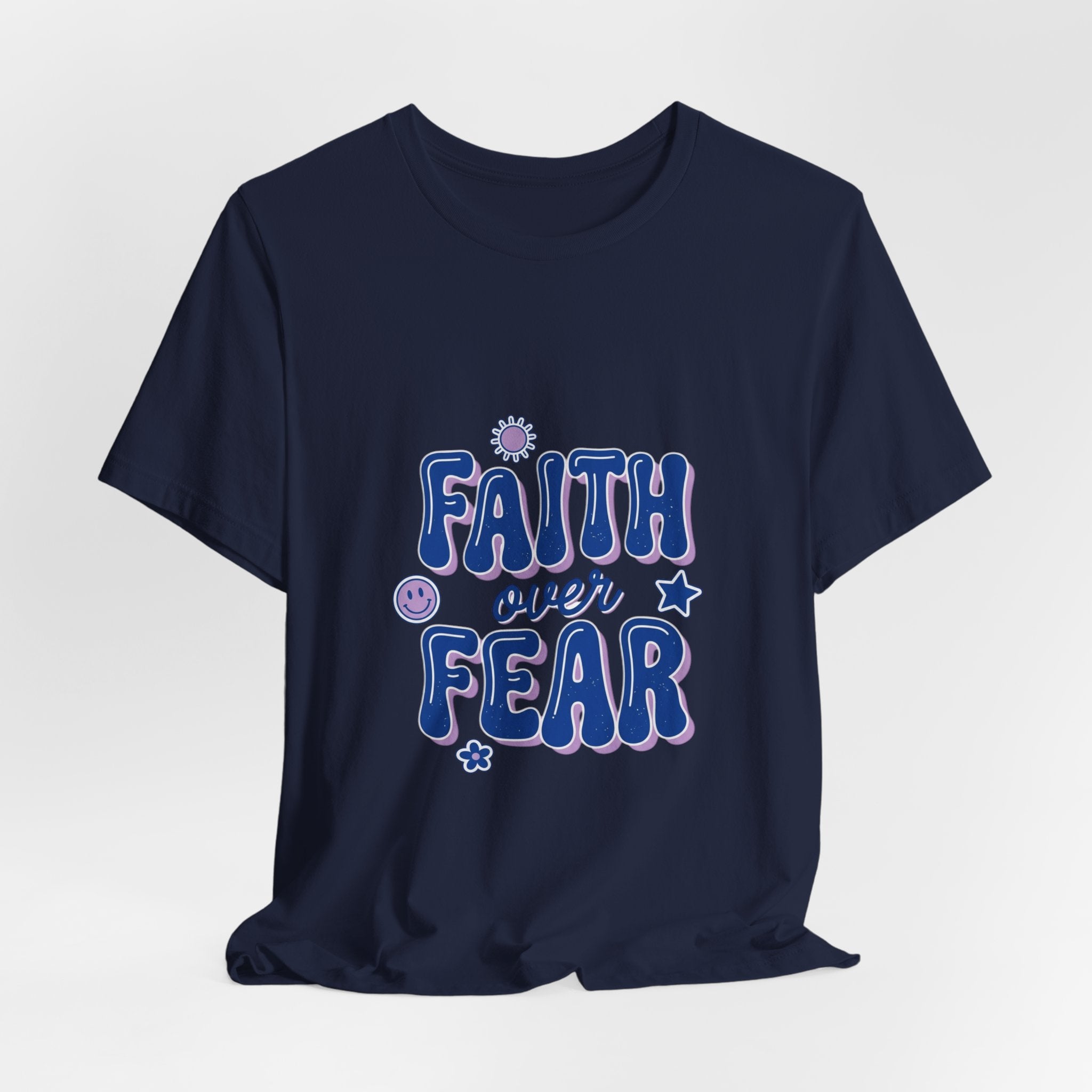Faith Over Fear Tee | Christian rainbow scripture quote, playful mixed-font